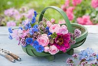 Basket full of flowers - Centaurea cyanus, Zinnia, Rosa, Oregano and Malva 