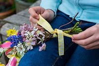Mother's day posie step by step in April: Securing with a ribbon  the posie of pink Clematis armandii 'Apple Blossom', white amelanchier, daffodils, grape hyacinths, snowflakes, hellebores and pink tulips.