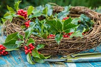 Secateurs, Wreath base and Ilex aquifolium - Common Holly cuttings, on a wooden table. 