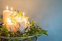 Candles decorated with Mistletoe, Pine cones and Alder. 