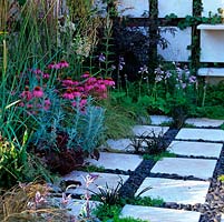 Stone squares laid on floor with gaps filled with pebbles, chamomile, black grasses. Bed of coneflower, fennel, golden oats, hosta and black elder. Stone clad wall, infilled ivy.