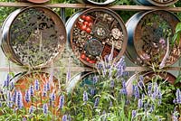 Empty oil drums have been transformed to create an alternative garden fence. Plants include Agastache Black Adder and Veronicastrum