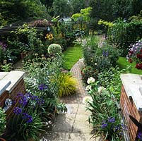 Steps edged in pots of agapanthus descend to 40m x 18m back garden. Brick paths sep. lawn, pergola and beds of lily, veronica, dahlia, eryngium, ligularia, grasses and astrantia.