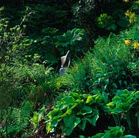 'Exaltation', an ascending bird by Bridget McCrum, sits at the heart of woodland, at its feet a stream, moss, ferns, gunnera, hosta and bamboo.
