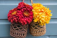 Chrysanthemum cuttings sat in glass jars, hanging against a blue shed in woven Raffia baskets