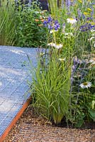 Border planting of Agapanthus 'Back in Black', Eryngium x zabelii 'Jos Eijking', Leucanthemum x superbum 'Sunny Side Up', Stipa tenuissima and Calamagrostis x acutiflora 'Karl Foerster' beside a metal grid path. Garden - A Space to Connect and Grow. 