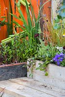 A seating area beside a water tank, with planting of Campanula, Cosmos atrosanguineus, Panicum virgatum 'Northwind' and Ajuga reptans 'Braunherz' beside a water tank and metal grid path. Garden - A Space to Connect and Grow. 