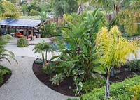 Tropical garden with plants including Strelitzia reginae, Strelitzia nicolai, Phoenix roebelenii, Archontohoenix cunninghamiana 
