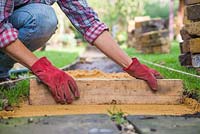 Use a plank of wood to level the sand. Making a brick path