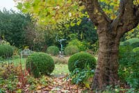 View of garden in autumn with ancient pollarded plane tree, box topiary, formal yew hedges, contemporary sculpture and Lutyens teak bench