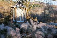 View of pavilion and Muhlenbergia capillaris in frost - December, Mas de Bety, France