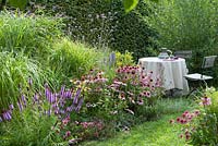 Shaded seating area under Salix - willow next to border with Echinacea purpurea - coneflower, Liatris spicata, Agastache foeniculum, Verbena bonariensis, Buddleia - butterfly bush and Graeser, table and chairs