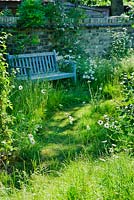 Garden bench with mown grass path in wild garden