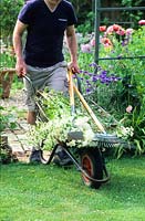 Man pushing wheelbarrow full of weeds - Summer