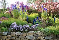 Terraced borders with dry stone retaining walls are decorated with blue glass bottles and planted with Aconitum carmichaelii var. wilsonii, Aster dumosus, Sedum telephium and Viburnum