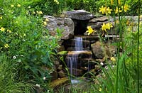 Natural stone man-made waterfall with yellow Hemerocallis - Daylilies and Leucanthemum x superbum - Shasta daisies in front yard country garden in summer, Quebec, Canada