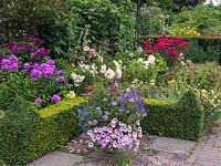 In courtyard offset by box hedges, phlox and dahlia, terracotta pot filled with petunia, trailing verbena, argyranthemum, nemesia, agastache, helichrysum, salvia and lobelia.