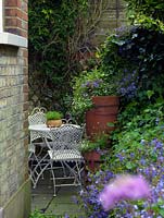Table and chairs in a tiny city courtyard garden, hidden behind garden retaining wall.