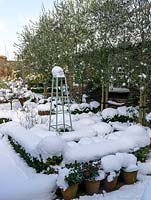 Snow covered small walled formal garden