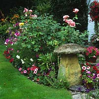 Stone staddle stone inset into summer bed of roses, cosmos and petunia.