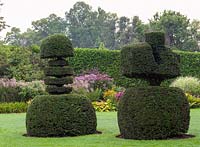 Decades old yew topiary pieces, against backdrop of autumn border 