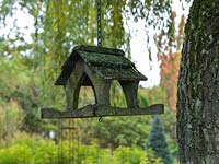 Hand crafted bird table suspended from tree.