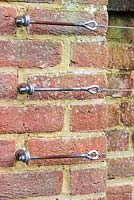 Wire tensioners fixed to a brick wall for training fruit trees.