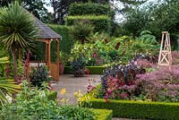 The Exotic Garden at Abbeywood. Formal box edged beds contain plants including Geranium maderense, Dahlia, Nicotiana and Canna with Cordyline australis, Musa, Paulownia and Trachycarpus palms behind.