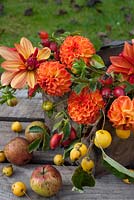 Autumn floral display in wooden box with Dahlias 'Jescot Julie' 'New Baby', rosehips and crab apples