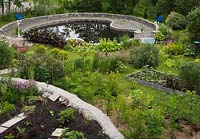 Top view of man-made flagstone edged pond bordered by Canna - Indian shot and raised allotted flower and vegetable plots in private front yard country estate garden in summer, Quebec, Canada