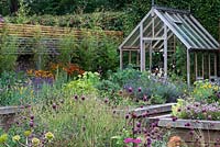 Raised beds of herbs and flowers with greenhouse behind. Bamboos and border of late summer flowering perennials such as helenium, fennel, Verbena bonariensis and salvia against the horizontal slatted fence.