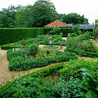 Herb Garden. Hedges planted with yew, box and origanum. Beds of mint, lavender, fennel, catmint, rosemary, rue, marigold or salvia. Sundial in chamomile circle.