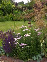 Planting combination of Stipa gigantea, Achillea millefolium 'Lilac Beauty' and Salvia nemorosa 'East Friesland'.