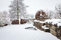 Winter in a garden with stone wall, water basin, clipped hedges and an arbour, in the background, an elder tree - Alnus glutinosa 