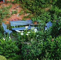 Secluded bench, chairs and table painted blue beside a border with arum lilies.