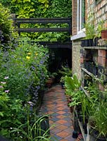 Chequered clay tiles as a patterned path in a narrow garden space, between basement of house and retaining wall. Pots of vegetables and flowers.