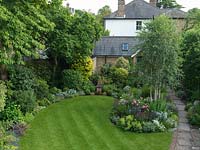 Overview of small town garden. Central lawn surrounded by established beds and mature trees