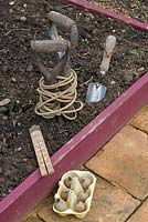 Planting early potatoes, 'Maris Peer', with garden line trowel and ruler beside raised bed