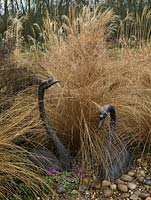 Bronze swan sculptures sit amongst ornamental grasses in a winter garden.