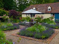 Walled garden with parterre of four square beds, each filled with a pink standard rose, cosmos, argyranthemum and verbena, and edged in Lavandula Hidcote.