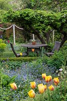 An old apple tree creates a natural canopy over a table and chairs, in a secluded corner. Seen over beds of tulips, geums, euphorbia and forget-me-nots. Behind, rope swag creates a division 