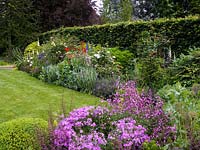 View over pink phlox and ragged robin to border of foxglove, poppy, delphinium, scabious, lavender and roses - white Sally Holmes, red La Sevillana and creamy Buff Beauty.