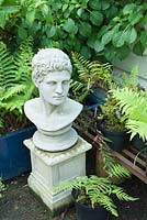 Classical bust and unusual statuary mix in amongst plants for sale at King John's Nursery, Etchingham, East Sussex, UK