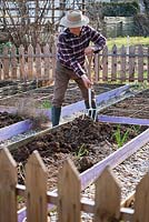 Early spring preparation of vegetable beds. Incorporate compost.