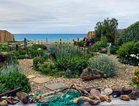 An exposed seaside garden laid to shingle, with raised island beds edged with driftwood. Planting includes Helichrysum italicum, Briza maxima and Kniphofia 'Atlanta'