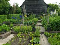 Terraced kitchen garden with beds of vegetables.