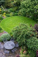 An overhead view of Windy Ridge garden which is laid out with circular lawn and patio.