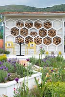 Shed wall covered with hexagonal insect habitats, table and chairs with bee cushions, raised hexagonal beds with Lavandula -  The Bees Knees in support of The Bumblebee Conservation Trust - RHS Malvern Spring Festival 2015