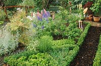Suburban garden planted with herbs, fruit trees, perennials and shrubs