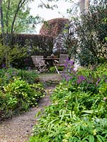 A secluded seating area in a woodland garden, surrounding planting includes hellebores, Lunaria, Pulmonaria and ferns.